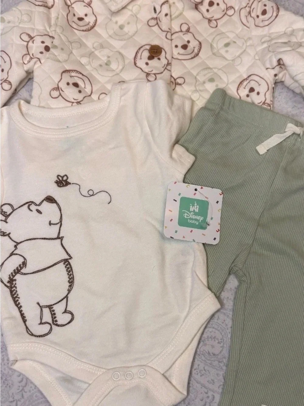 Disney Baby Winnie the Pooh 3 Piece Infant Quilted Jacket, Bodysuit & Pants Set